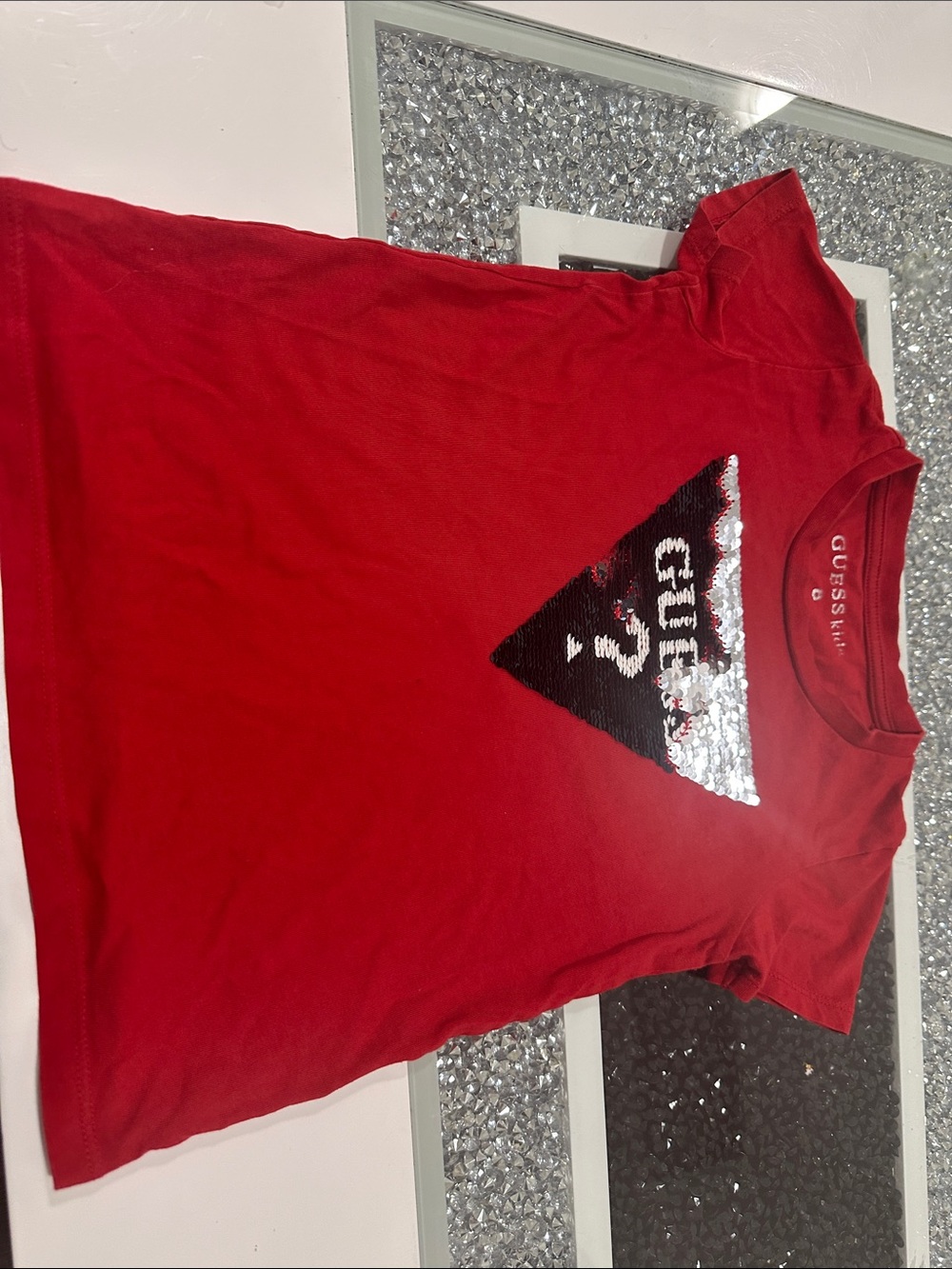 Guess Red Tee with Silver & Black Sequin Triangle Logo